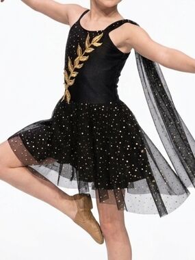 Black & Gold Leaf Glitter Sequine Mesh Skirt Asymmetrical Dancewear Girls Large
